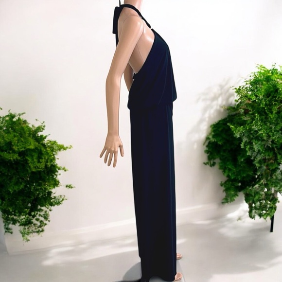 Black with Silver Ring Tie Neck Sleeveless Halter Wide Leg Jumpsuit - Picture 10 of 16